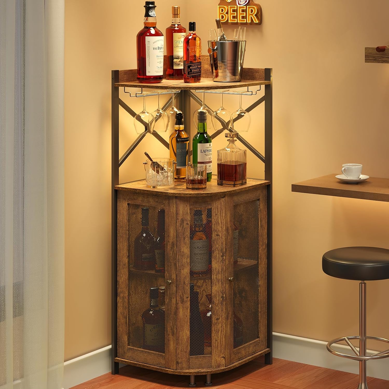 Home Bar And Cabinet - Corner LED Bar Cabinet with Glass