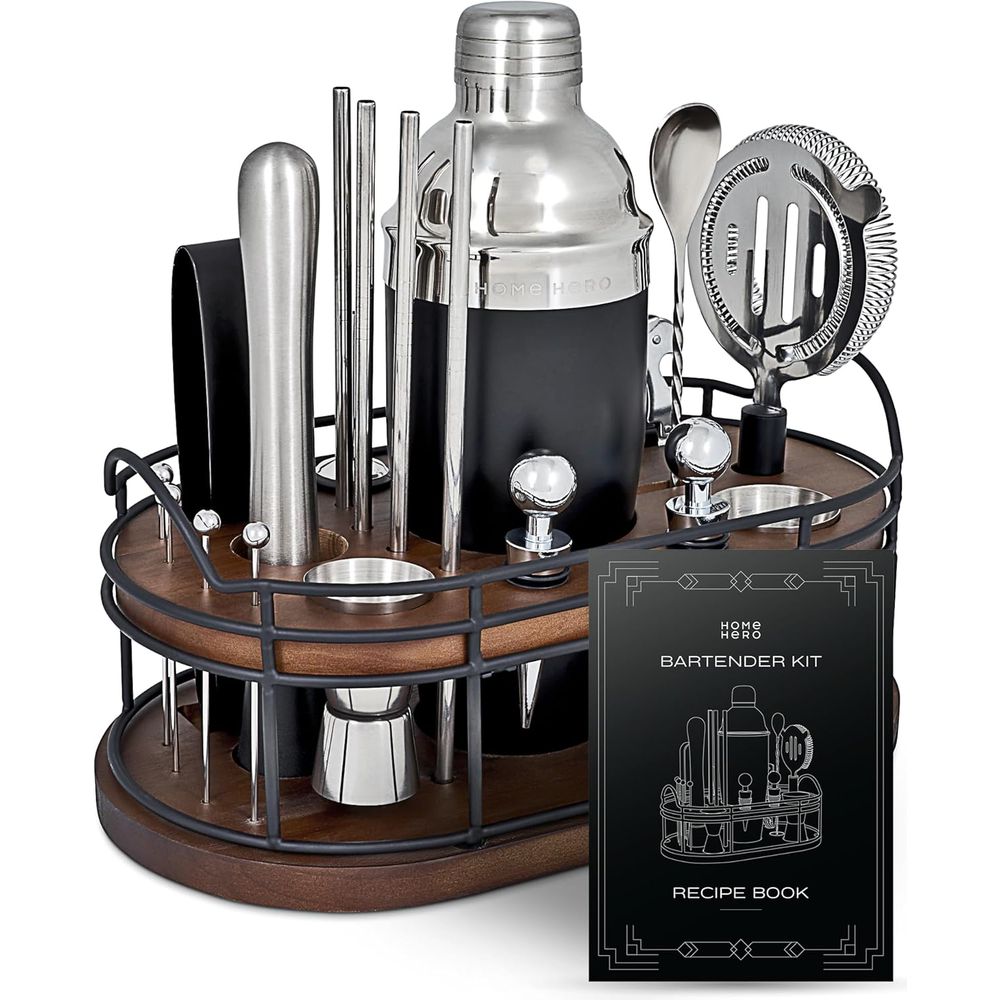 Cocktail Recipe Book - 22-Piece Cocktail Shaker Set with Wooden