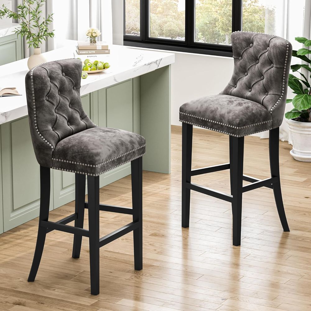 Set of 2 Light Grey Velvet Bar - Home Bar Stools avaliação e preço