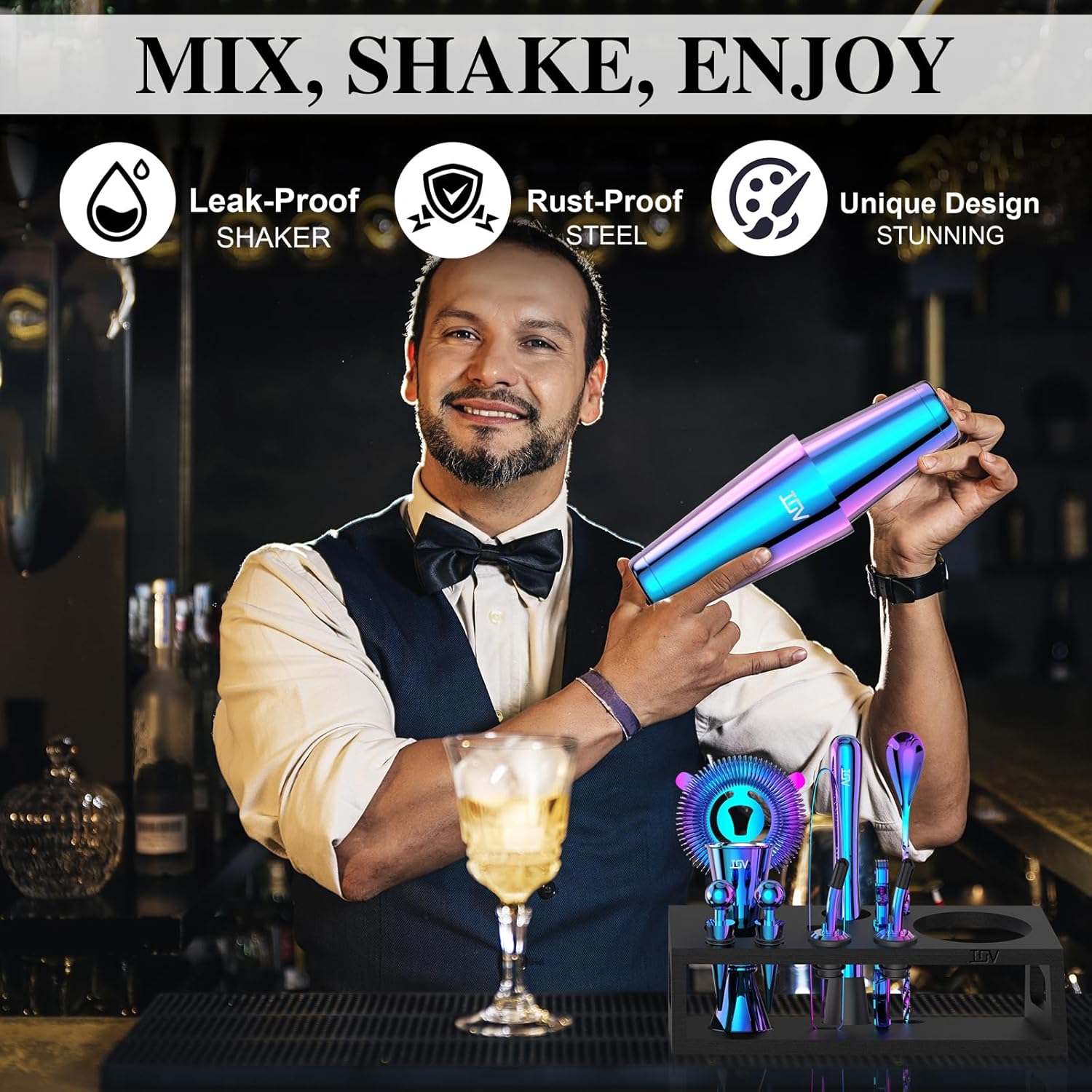 12-Piece Cocktail Shaker Set w - Cocktail Recipe Book avaliação e preço